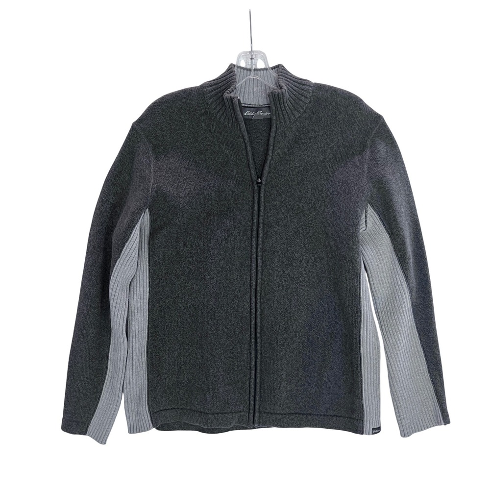 Eddie Bauer Mens Full Zip Cotton Sweater Gray Colorblock Ribbed Mock Neck Large